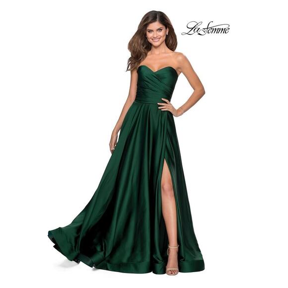 La Femme Sweetheart Neck Strapless High Slit Satin Gown Emerald Size 8 NWOT